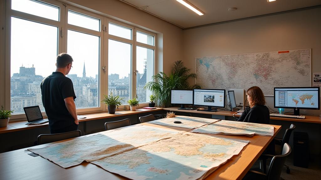 Vue d'un atelier de cartographie moderne et lumineux à Paris, avec des écrans d'ordinateur affichant des données SIG et des cartes anciennes étalées sur une grande table.