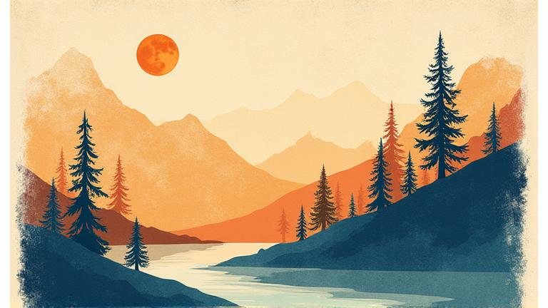 Illustration artistique d'un paysage urbain ou naturel avec des éléments géographiques stylisés, dans un style vectoriel ou peint.