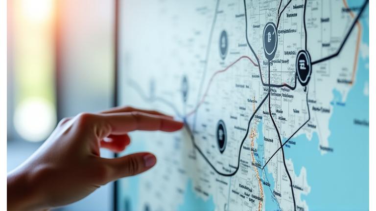 Écran d'ordinateur affichant une carte numérique interactive avec des points d'intérêt cliquables et des informations superposées.