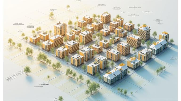 Carte d'urbanisme détaillée d'une ville avec des zones colorées représentant différents types de développement et d'utilisation des terres.